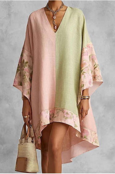 Split-Joint Flower Print Contrast Color Three-quarter Sleeves Loose V-neck Midi Dresses