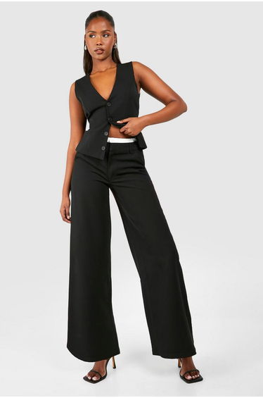 Contrast Waistband Wide Leg Tailored Trousers - black product thumbnail 3