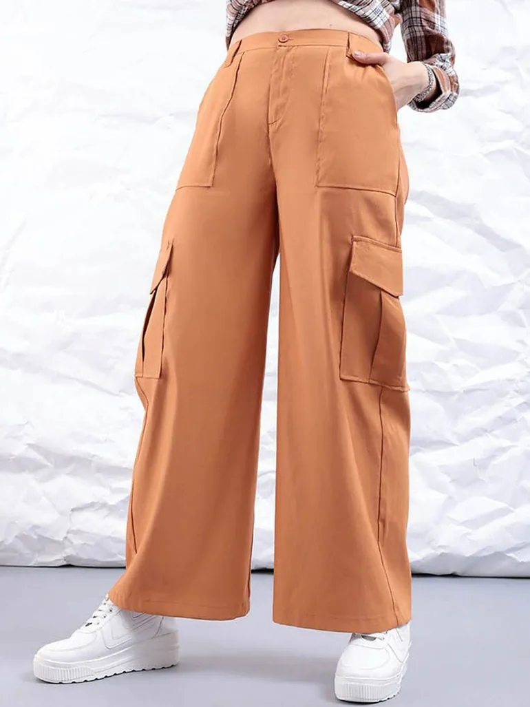Women Rust Flared Cargo Trousers - 1