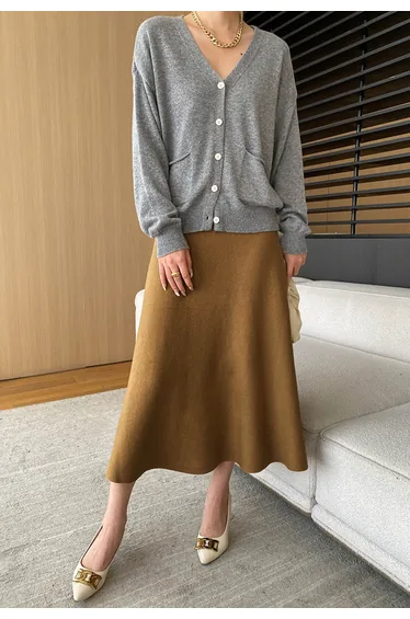 Solid Color A-Line Knit Midi Skirt in Camel