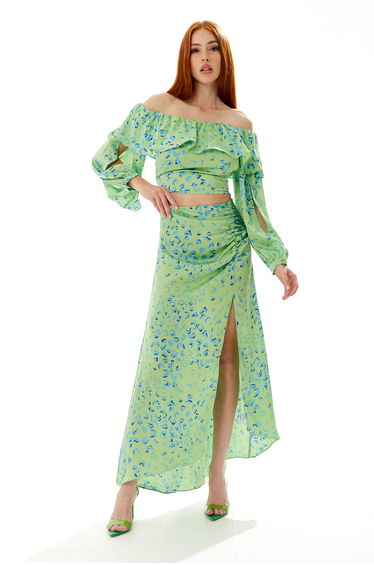 Women’s Ruffle Long Sleeve Off The Shoulder Top in Green & Blue Animal Print with Sleeve Slits.