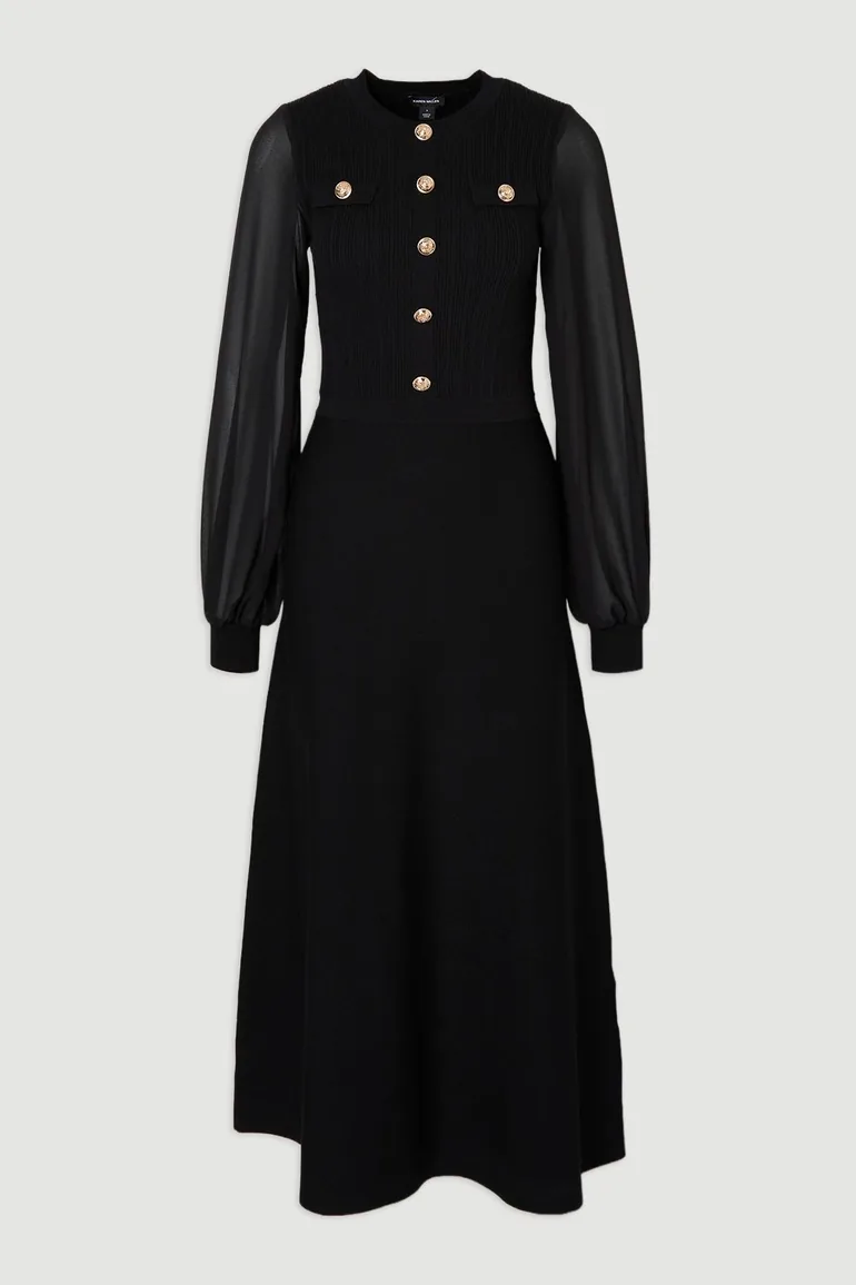Viscose Blend Maxi Knit Dress With Chiffon Sleeve Military Trim - 3