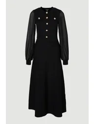 Viscose Blend Maxi Knit Dress With Chiffon Sleeve Military Trim - 3