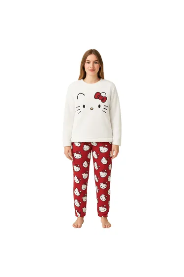 Hello Kitty Womens/Ladies Fleece Long Pyjama Set - White/Red