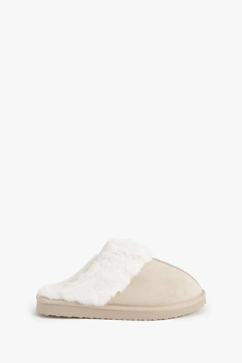 Fluffy Trim Mule Slippers - beige - 1