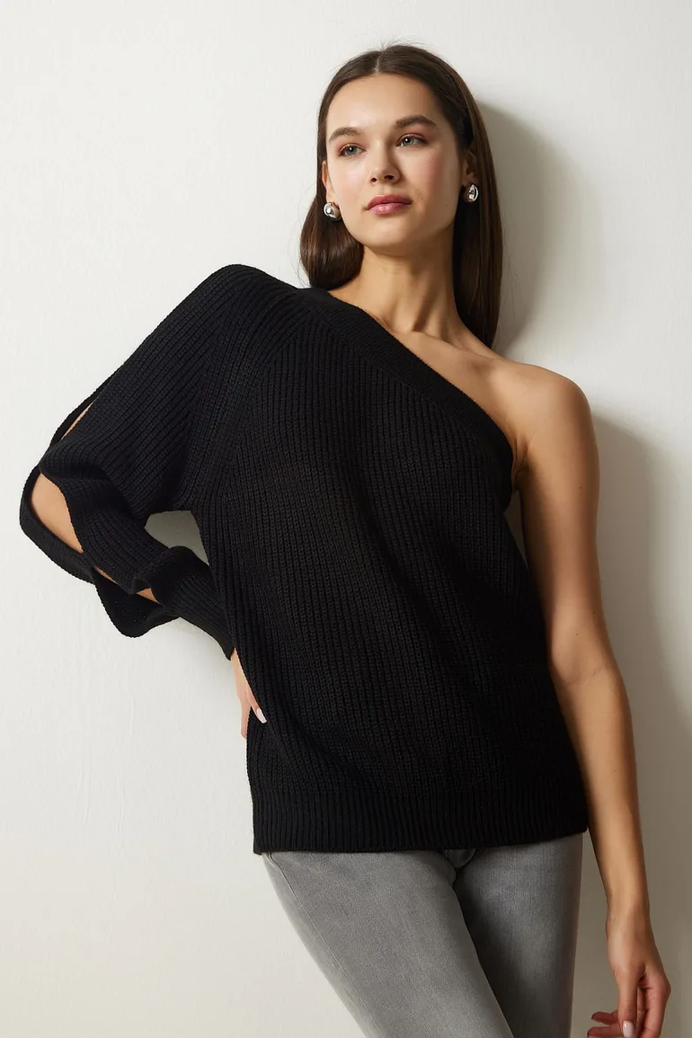 Women's Black Window Detailed Single Sleeve Knitwear Sweater - 2