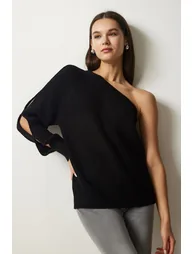 Women's Black Window Detailed Single Sleeve Knitwear Sweater - 2