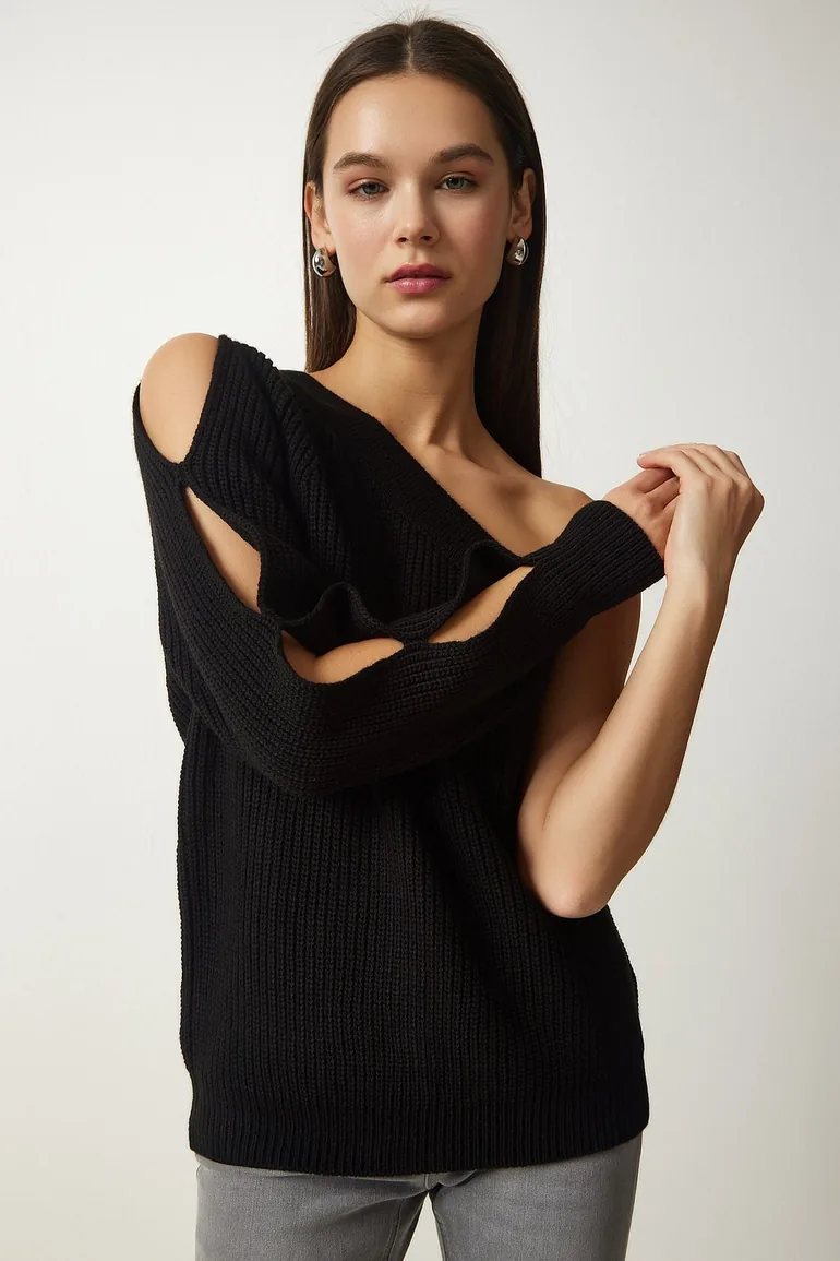 Women's Black Window Detailed Single Sleeve Knitwear Sweater