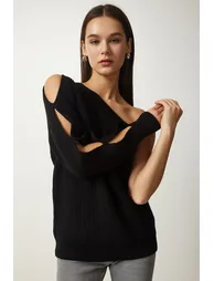 Women's Black Window Detailed Single Sleeve Knitwear Sweater