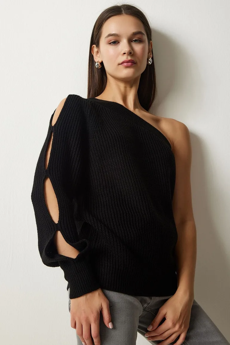 Women's Black Window Detailed Single Sleeve Knitwear Sweater - 1