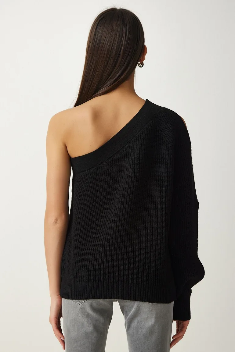 Women's Black Window Detailed Single Sleeve Knitwear Sweater - 3