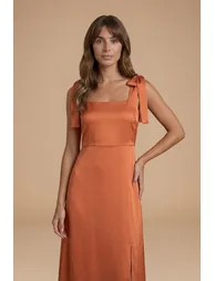 Rust Satin Tie Shoulder Midi Bridesmaid Dress - 1
