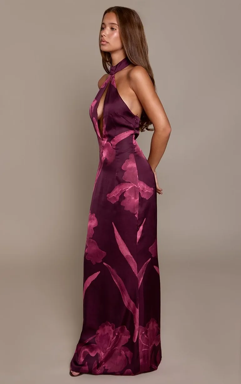 Dark Purple Floral Print Keyhole Halterneck Bodycon Maxi Dress - 2