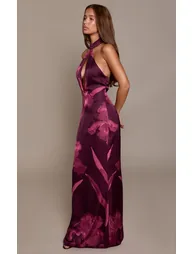 Dark Purple Floral Print Keyhole Halterneck Bodycon Maxi Dress - 2