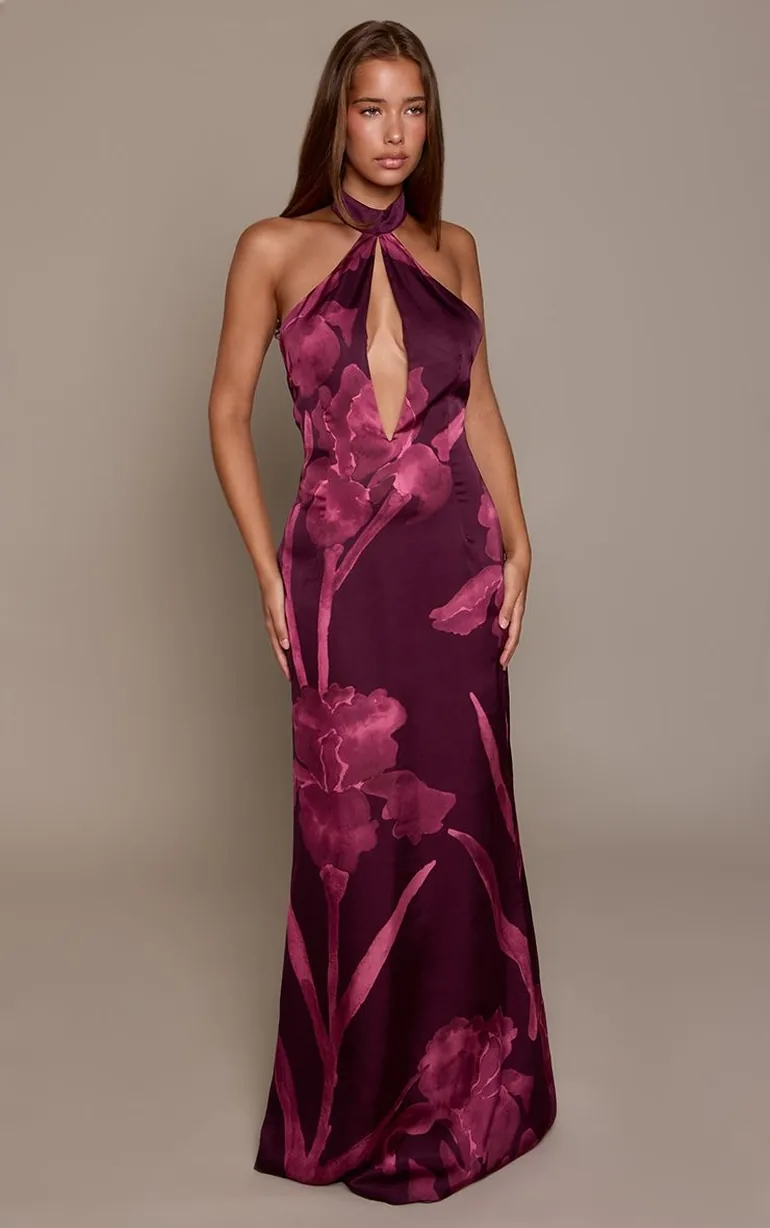 Dark Purple Floral Print Keyhole Halterneck Bodycon Maxi Dress