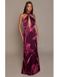 Dark Purple Floral Print Keyhole Halterneck Bodycon Maxi Dress