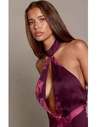 Dark Purple Floral Print Keyhole Halterneck Bodycon Maxi Dress - 3