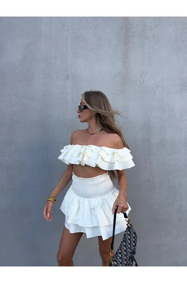 Arabella Co-ord Bardot Ruffle Crop Top - Cream