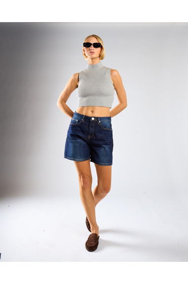 Mid Waist Loose Fit Denim Shorts - Indigo