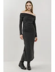 Textured Strapless Midi Dress with Slit Busem Collection