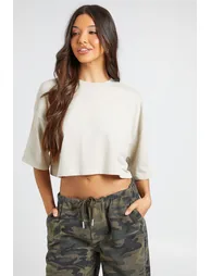 Basic Boxy Cropped T-Shirt - stone - 2