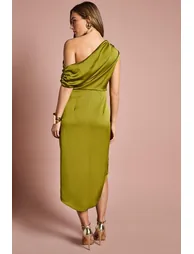Petite Satin Ruched One Shoulder Asymmetric Hem Midi Dress - 2