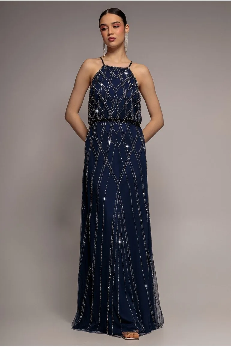 Goddiva Racer Neck Sleeveless Sequin Maxi Dress - Navy Blue