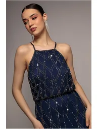 Goddiva Racer Neck Sleeveless Sequin Maxi Dress - Navy Blue - 1