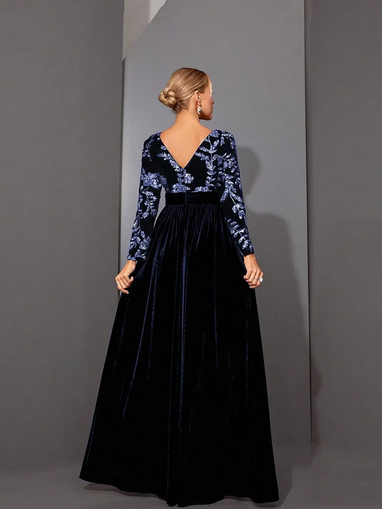 Leely Elegant V Neck Long Sleeve Evening Gown - 1