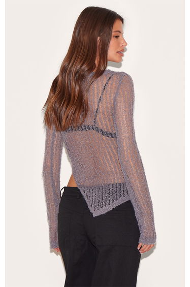 Charcoal Ladder Knit Sheer Asymmetric Hem Top product thumbnail 2