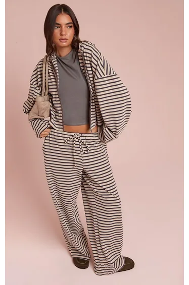 Brown Striped Soft Fleece Zip Up Hoodie