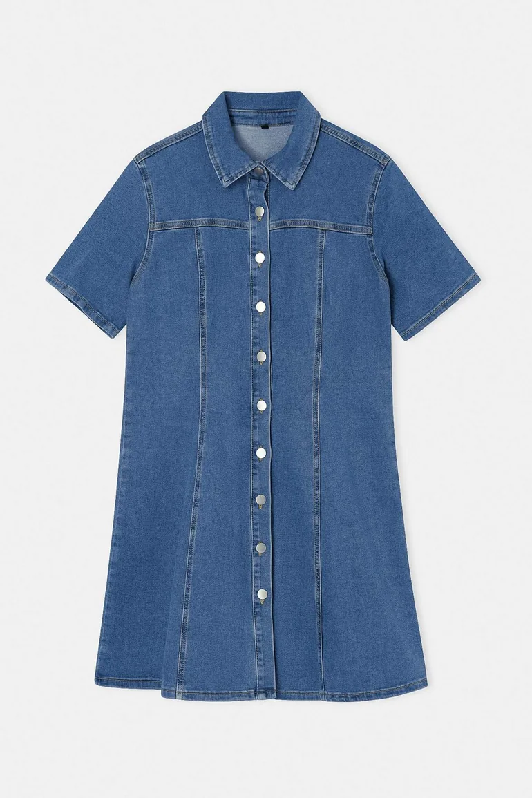 Blue Short Sleeve Medium Stretchy Denim Large Size Dress - 4