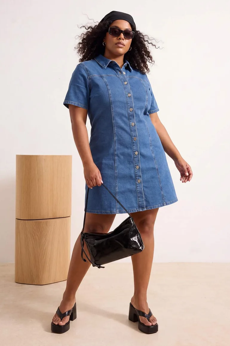 Blue Short Sleeve Medium Stretchy Denim Large Size Dress
