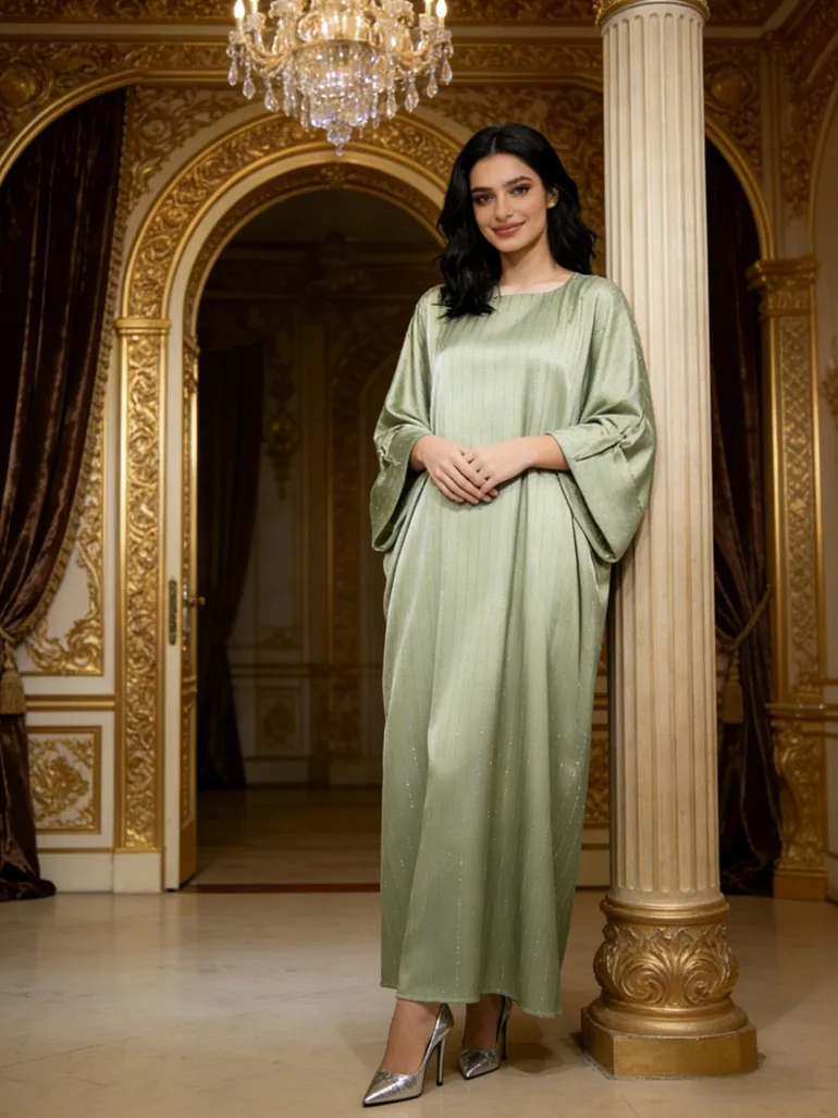 Women Green Striped Satin Kaftan - 3