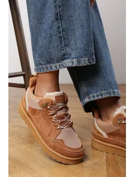 Elara Chestnut Suede Lace-Up Trainers with Chunky Sole and Mesh Panel - 6
