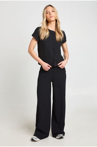 Petite Crinkle Rib Button Through Cap Sleeve Top and Trouser Set - black product thumbnail 3