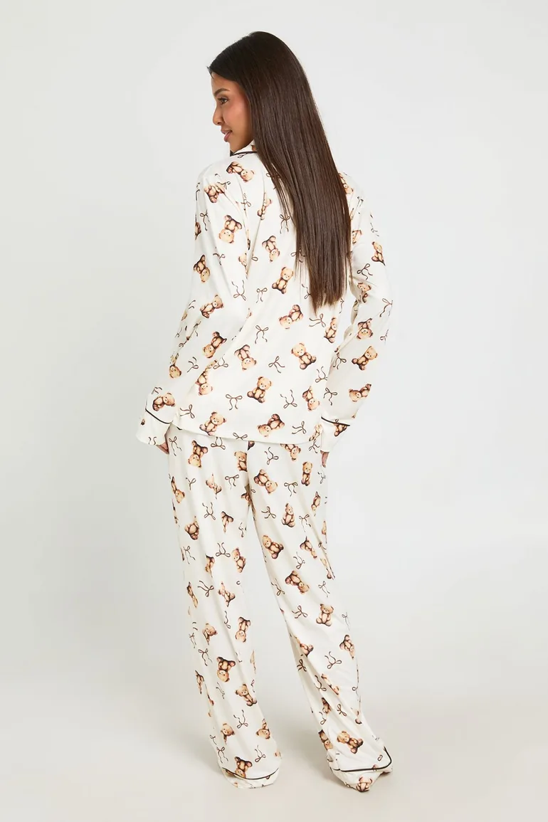 Bear and Bow Print Long Sleeve Shirt & Trouser Pyjama Set - beige - 3