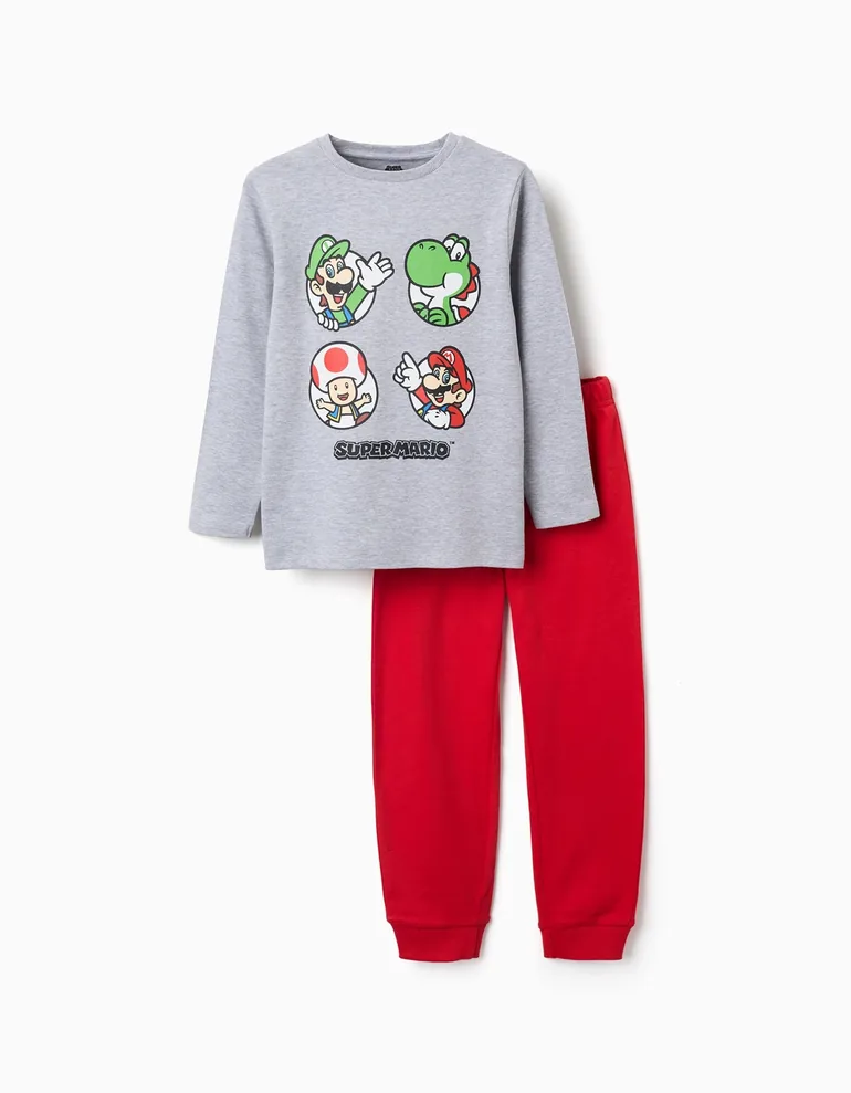 Long Sleeve Cotton Pyjamas With Super Mario Print For Boys, Grey/Red