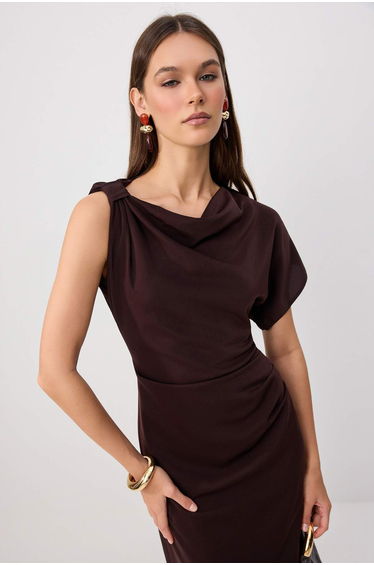 Brown Satin Midi Woven Dress product thumbnail 2