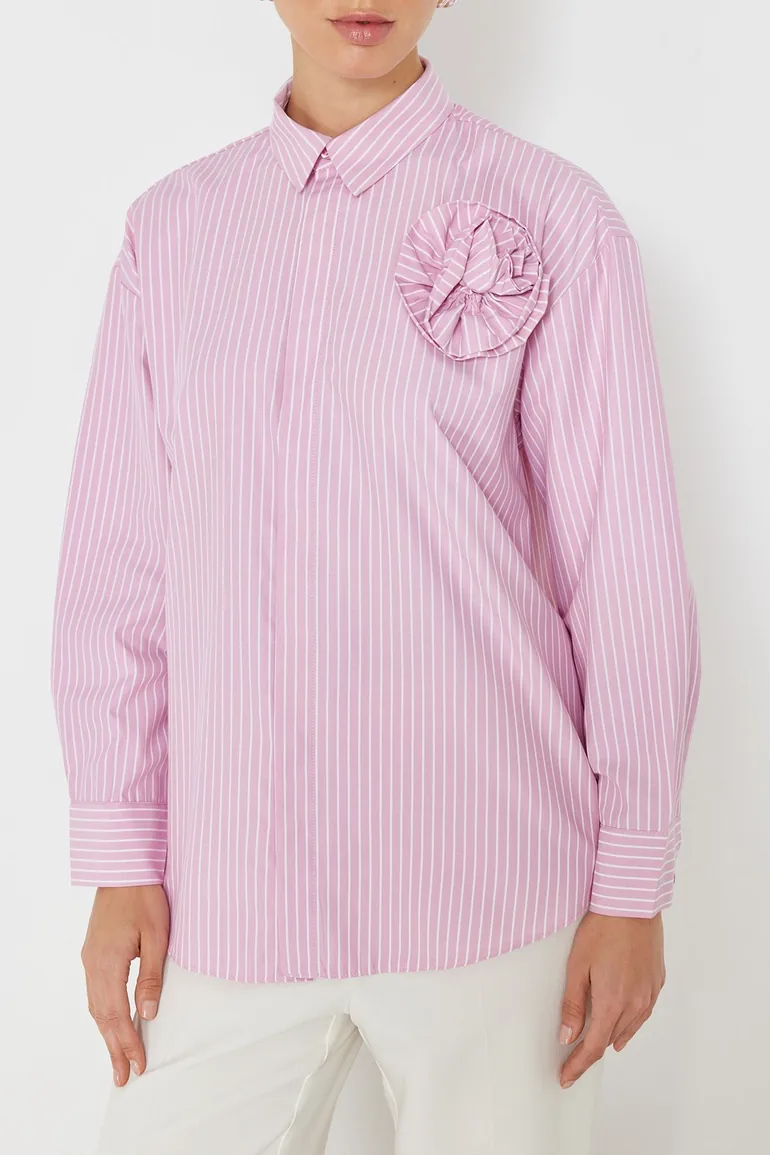 Pink Limited Edition Striped Rose Detailed Woven Shirt - 3