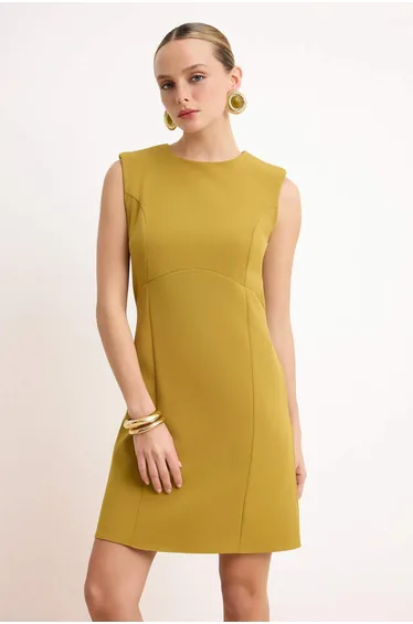 Oil Green Plain Sleeveless Mini Woven Dress