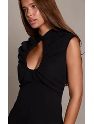 Black Chiffon Ruched Keyhole Sleeveless Mini Dress - 3
