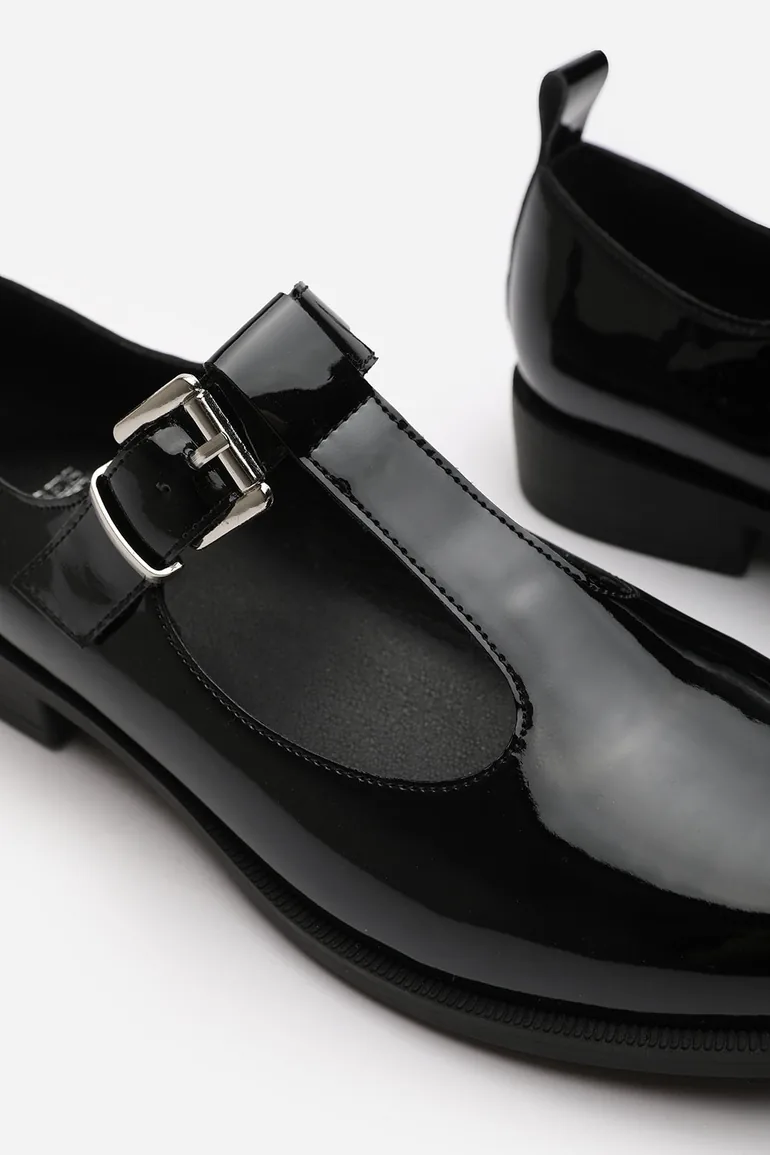 Natalie Extra Wide Fit Mary Jane Loafers With Buckle Strap In Black Patent Finish - 2