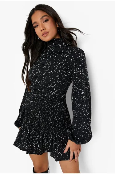 Petite Spot High Neck Shirred Ruffle Dress - black