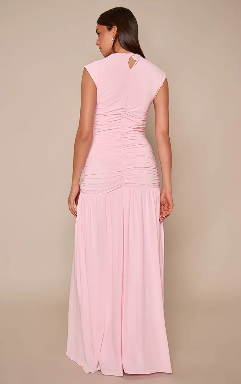 Baby Pink Double Layer Slinky Cap Sleeve Drop Waist Maxi Dress - 1