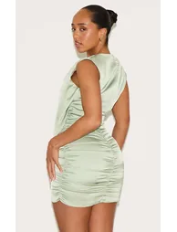 Shape Sage Stretch Satin Boat Neck Drape Front Ruched Mini Dress - 2