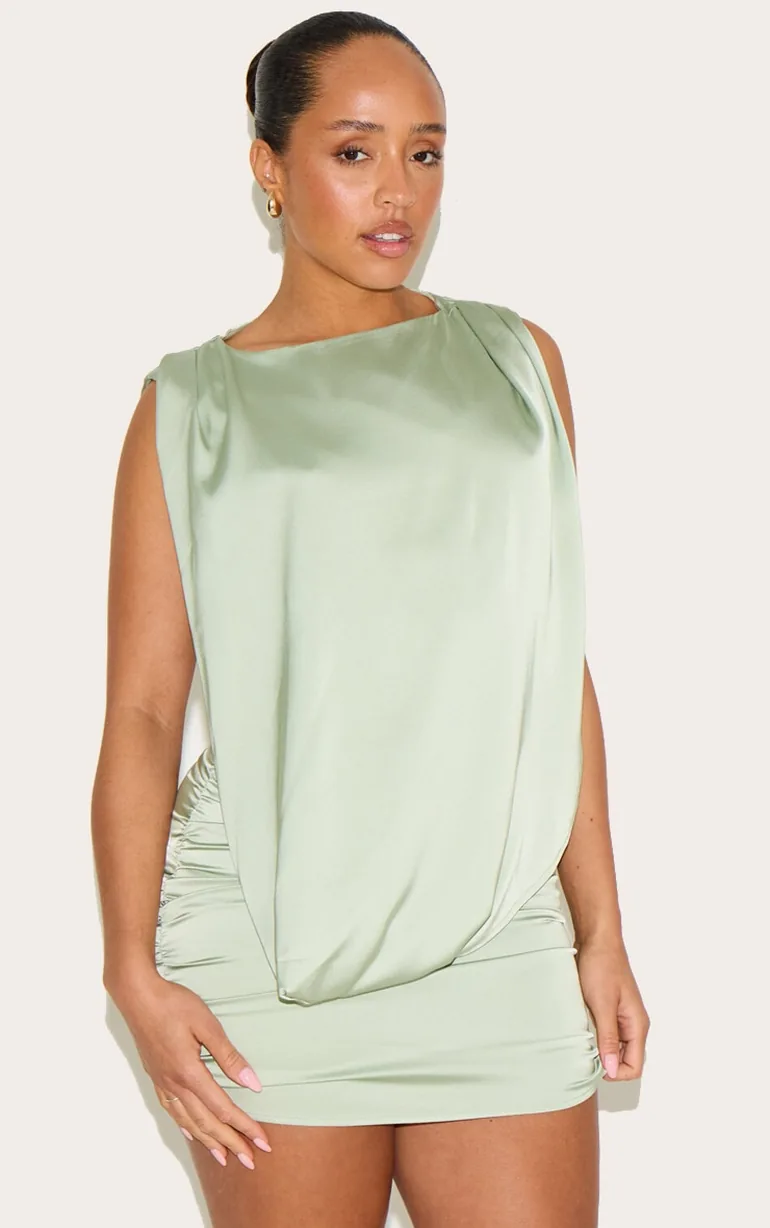 Shape Sage Stretch Satin Boat Neck Drape Front Ruched Mini Dress - 1