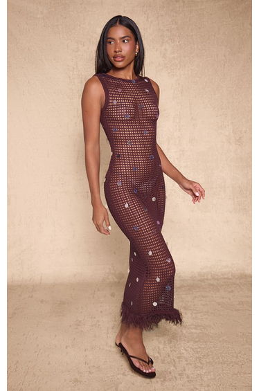 Chocolate Sequin Knit Fringe Hem Maxi Dress product thumbnail 3