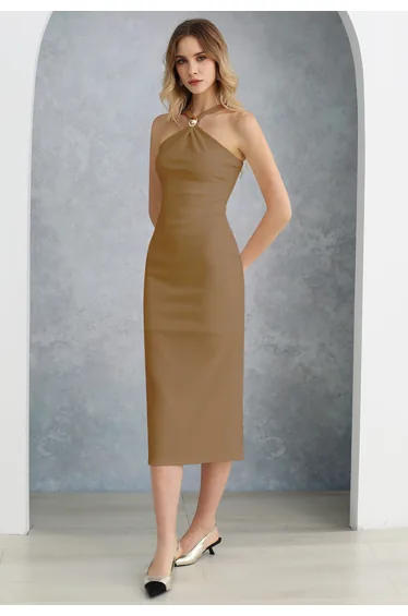Golden Bead Trim Halter Sheath Dress in Caramel