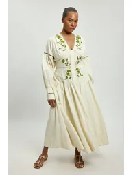 Plus Size Rose Embroidered Cotton Twill Woven Long Sleeve Maxi Dress